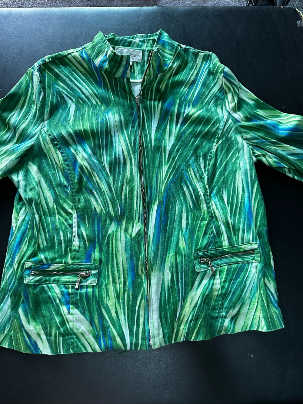 Erin London Full Zip Abstract Grass Print Jacket - Green/Blue - Size L